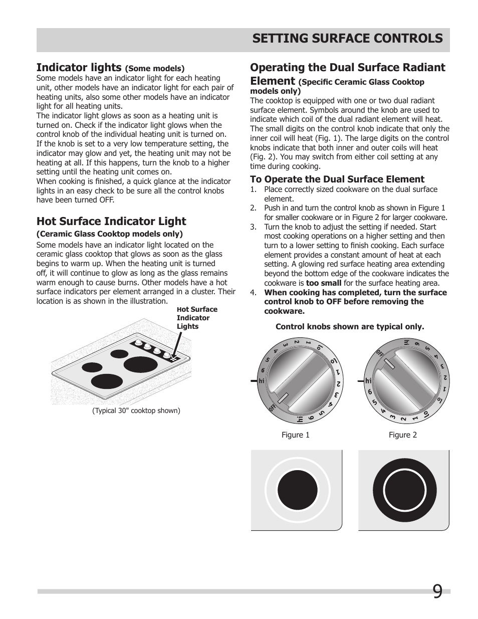Setting surface controls, Operating the dual surface radiant element, Indicator lights | Hot surface indicator light | FRIGIDAIRE FFEC3205LS User Manual | Page 9 / 16