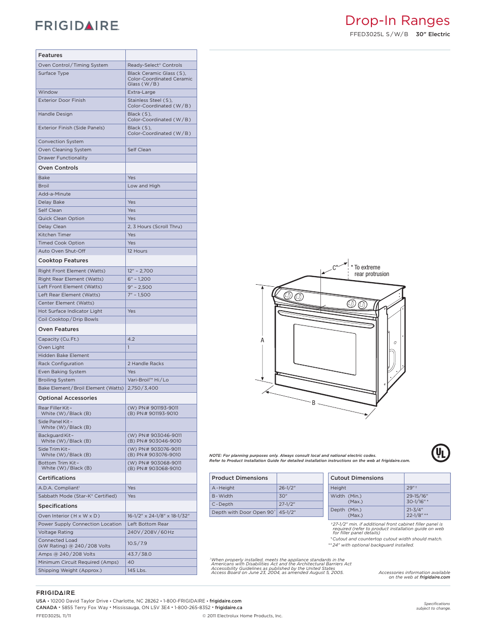 Slide-in electric ranges frigidaire baseline, Drop-in ranges | FRIGIDAIRE FFED3025LW User Manual | Page 2 / 5