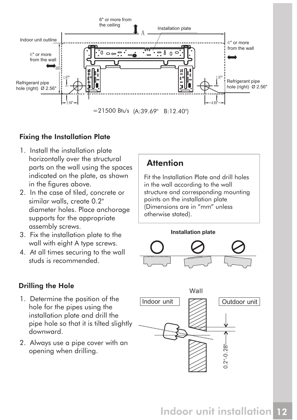 Indoor unit installation, Attention | FRIGIDAIRE FRS18PYS2 User Manual | Page 10 / 25