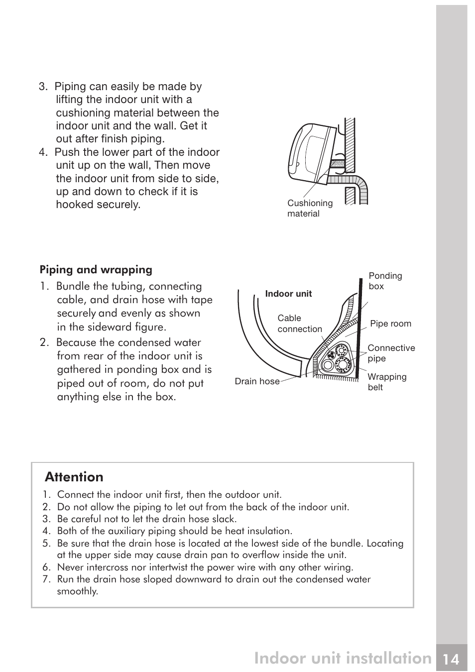 Indoor unit installation, Attention | FRIGIDAIRE FRS18PYS2 User Manual | Page 12 / 25