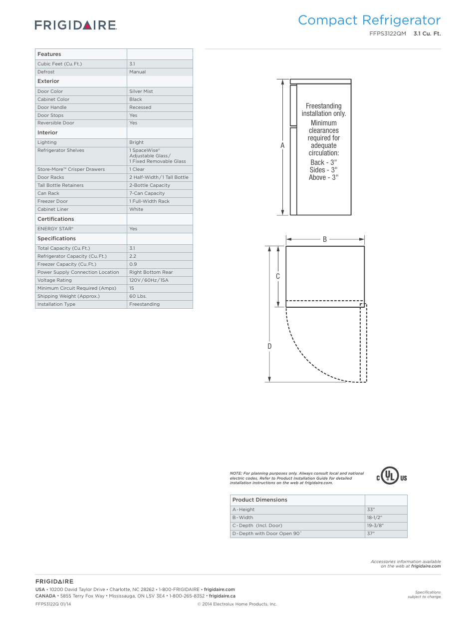 Compact refrigerator | FRIGIDAIRE FFPS3122QM User Manual | Page 2 / 2