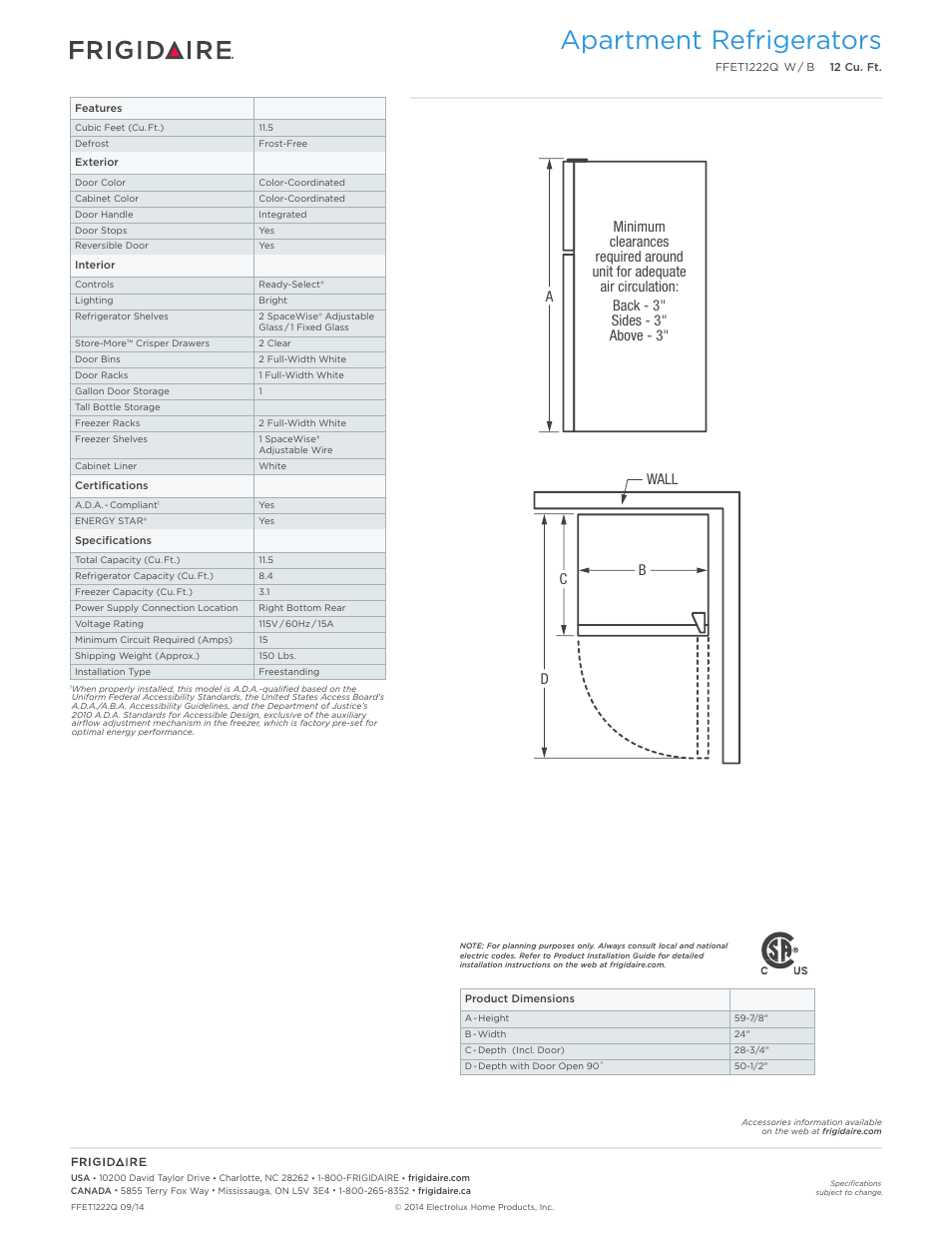 Apartment refrigerators | FRIGIDAIRE FFET1222QW User Manual | Page 2 / 3