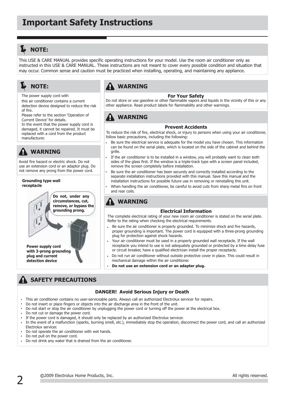 Important safety instructions, Warning, Safety precautions | FRIGIDAIRE FRA122CV1 User Manual | Page 2 / 9