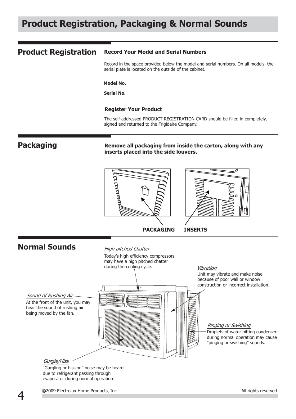 Product registration, packaging & normal sounds, Packaging normal sounds, Product registration | FRIGIDAIRE FRA122CV1 User Manual | Page 4 / 9