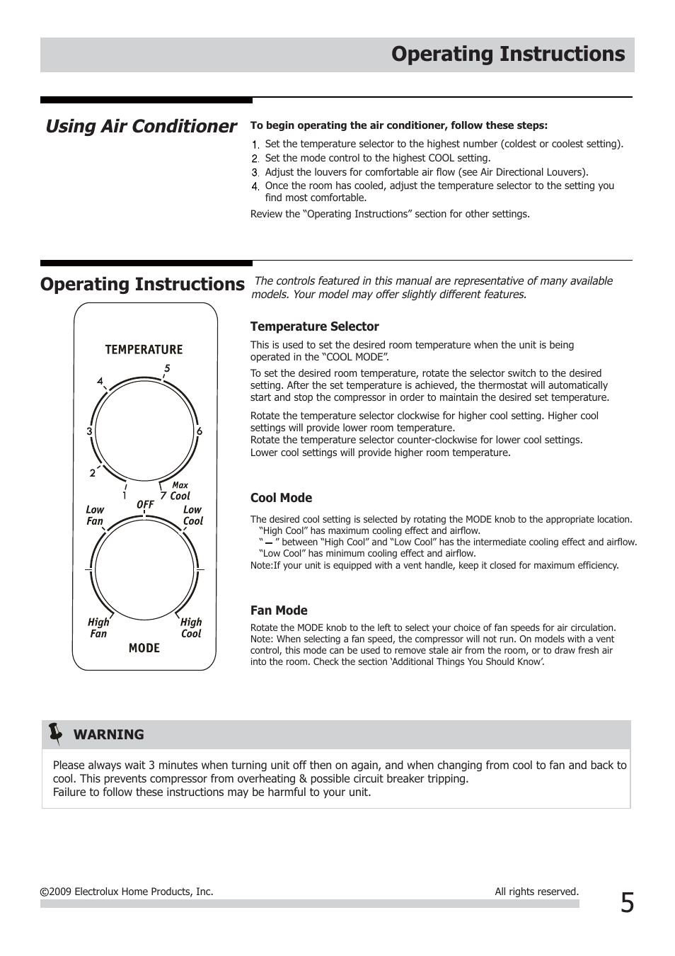 Operating instructions, Using air conditioner | FRIGIDAIRE FRA122CV1 User Manual | Page 5 / 9