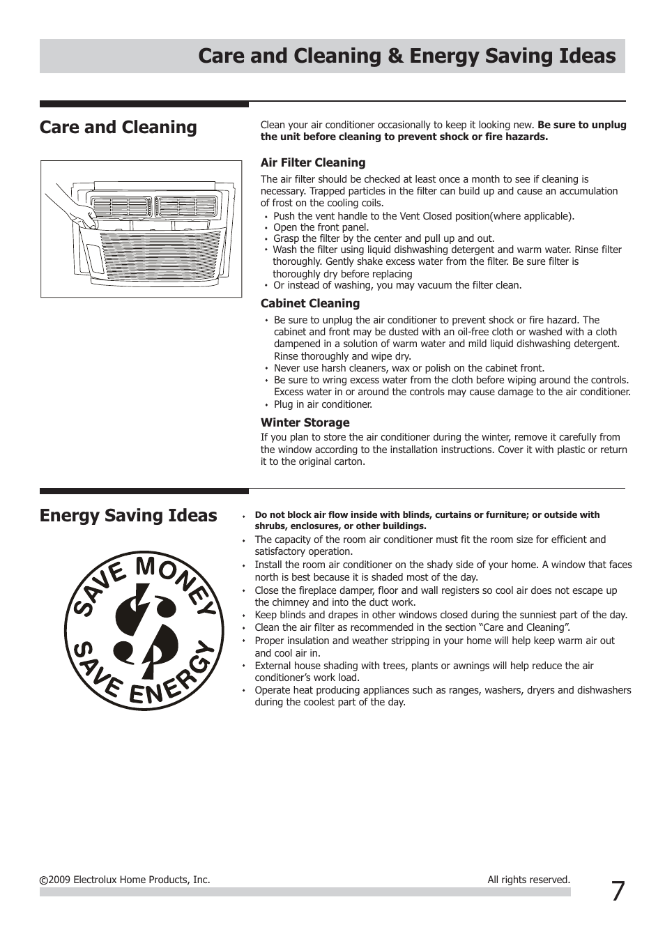 Care and cleaning & energy saving ideas, Energy saving ideas, Care and cleaning | FRIGIDAIRE FRA122CV1 User Manual | Page 7 / 9