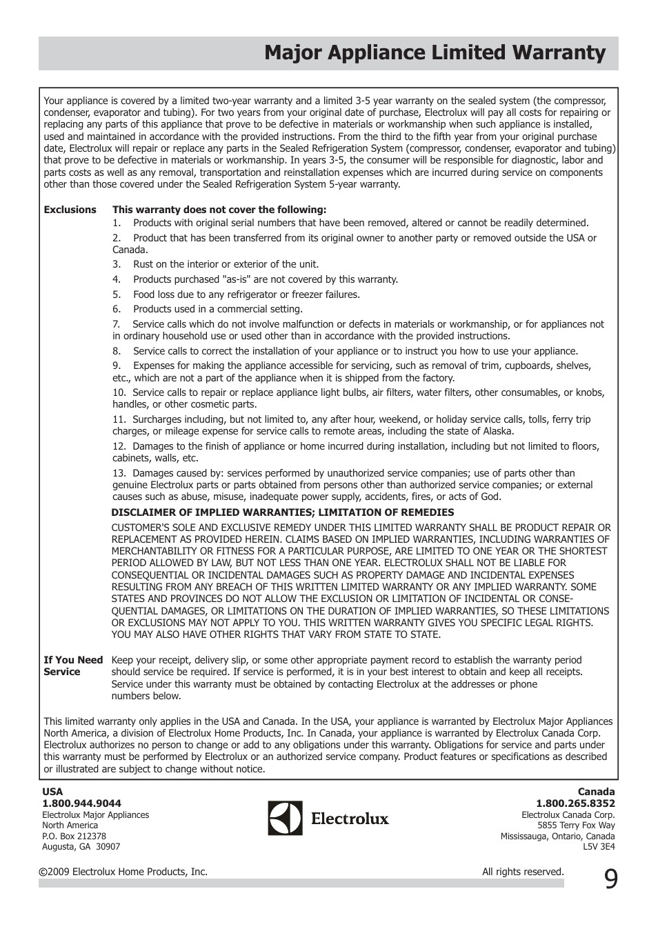 Major appliance limited warranty | FRIGIDAIRE FRA122CV1 User Manual | Page 9 / 9