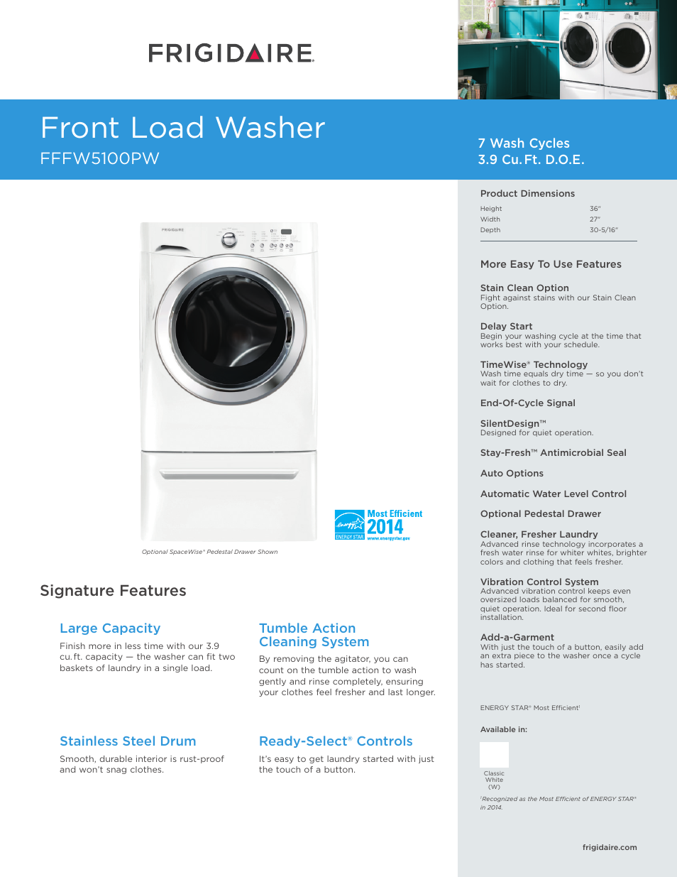FRIGIDAIRE FFFW5100PW User Manual | 3 pages