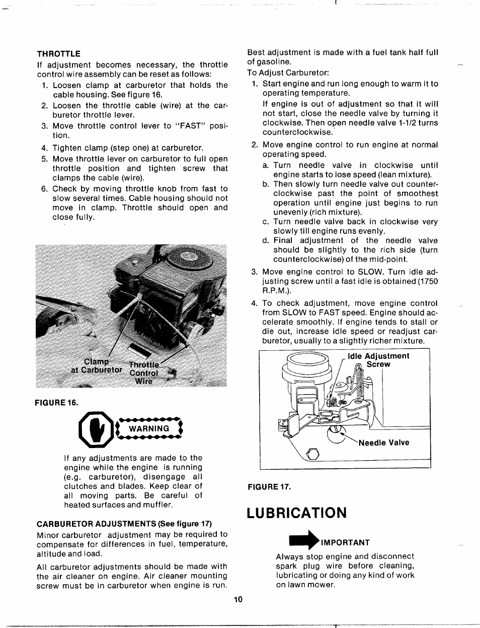 Throttle, Clamp, Carburetor adjustments (see figure 17) | Lubrication, Important | Bolens 120-270A User Manual | Page 10 / 17