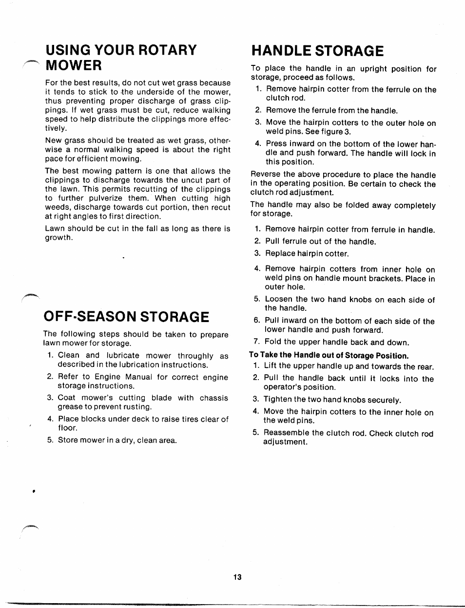 Using your rotary mower, Off season storage, Handle storage | Bolens 120-270A User Manual | Page 13 / 17