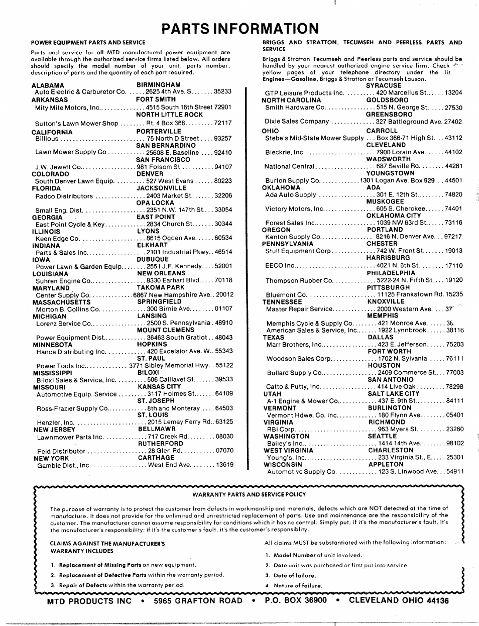 Parts information, Mtd products inc | Bolens 120-270A User Manual | Page 17 / 17