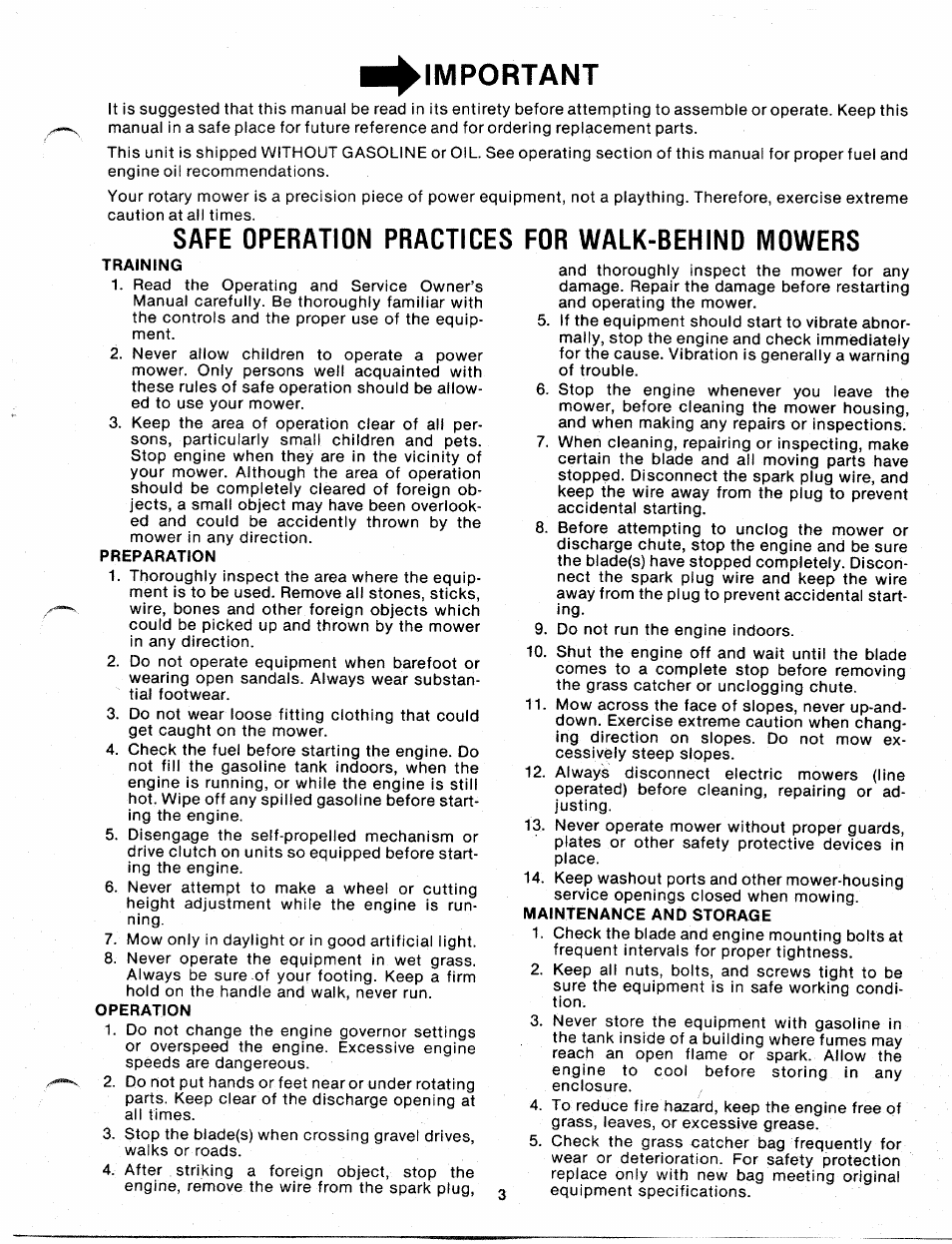 Important, Maintenance and storage, Safe operation practices for walk-behind mowers | Bolens 120-270A User Manual | Page 3 / 17