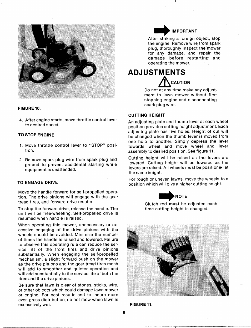Figure 10, To stop engine, To engage drive | Important, Adjustments, Caution, Cutting height, Note | Bolens 120-270A User Manual | Page 8 / 17