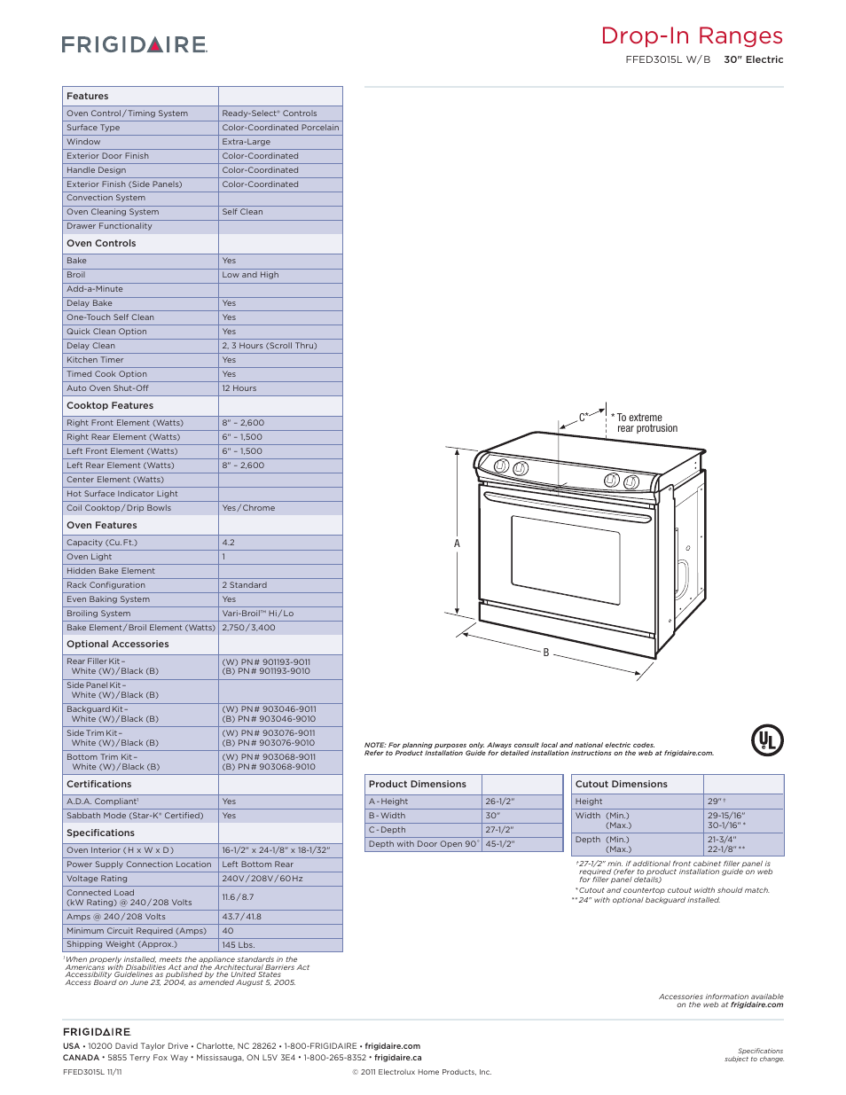 Slide-in electric ranges frigidaire baseline, Drop-in ranges | FRIGIDAIRE FFED3015LW User Manual | Page 2 / 5