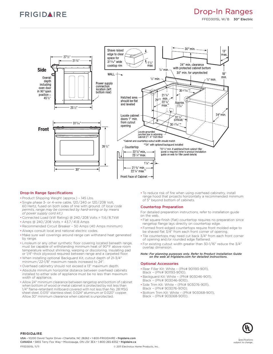 30" electric drop-in range frig baseline, Drop-in ranges | FRIGIDAIRE FFED3015LW User Manual | Page 3 / 5