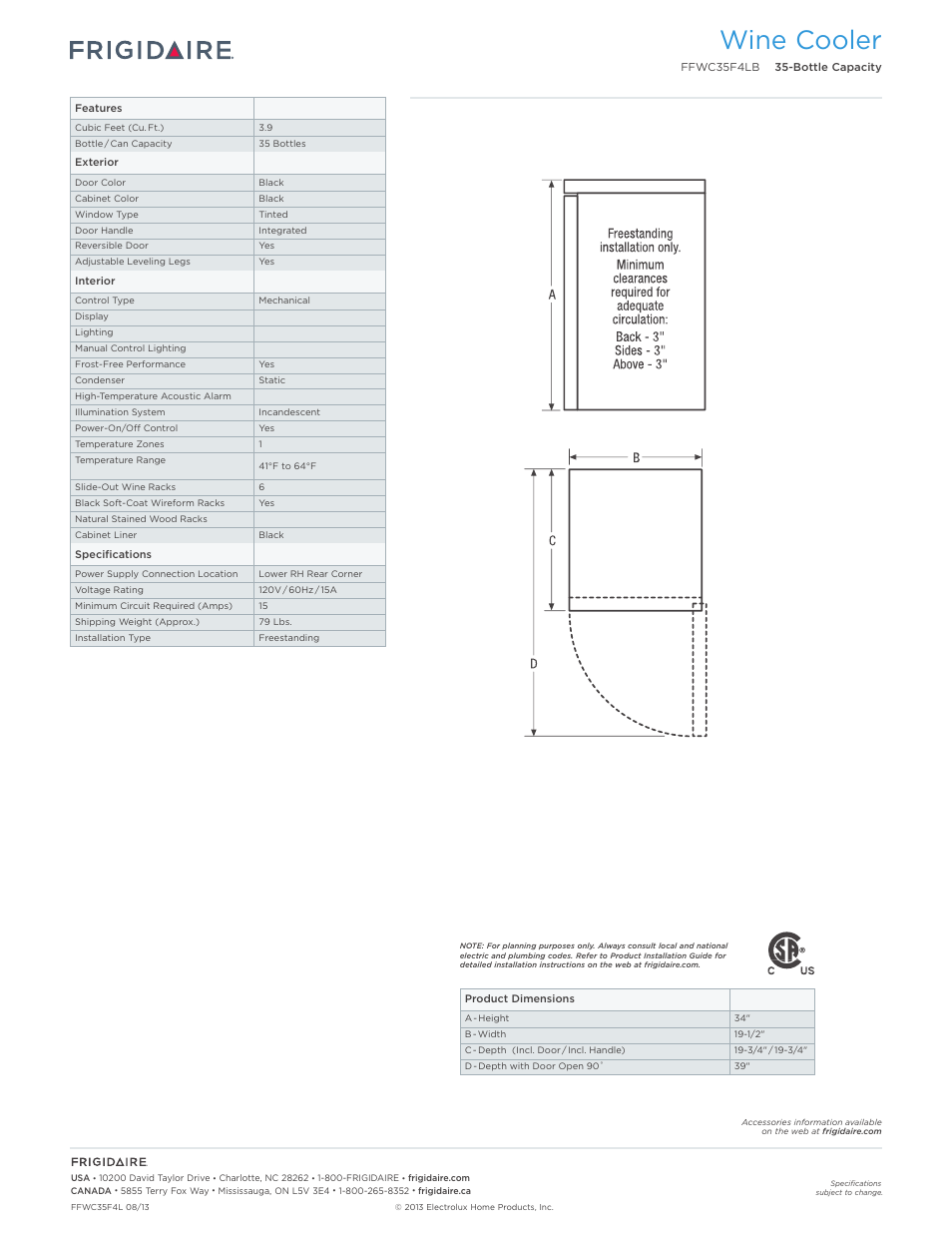 Wine cooler | FRIGIDAIRE FFWC35F4LB User Manual | Page 2 / 2