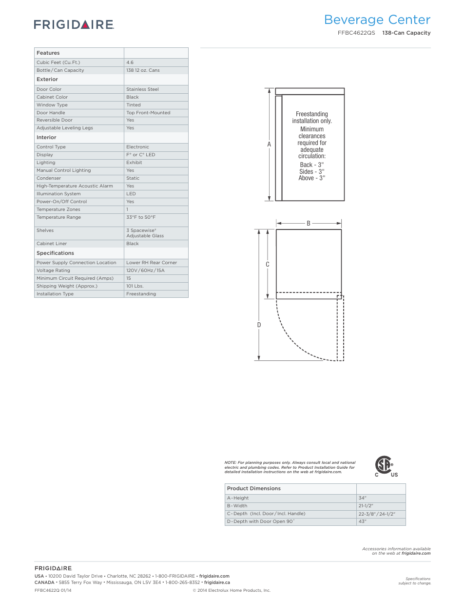 Wine coolers (no handle) frigidaire baseline, Beverage center | FRIGIDAIRE FFBC4622QS User Manual | Page 2 / 2