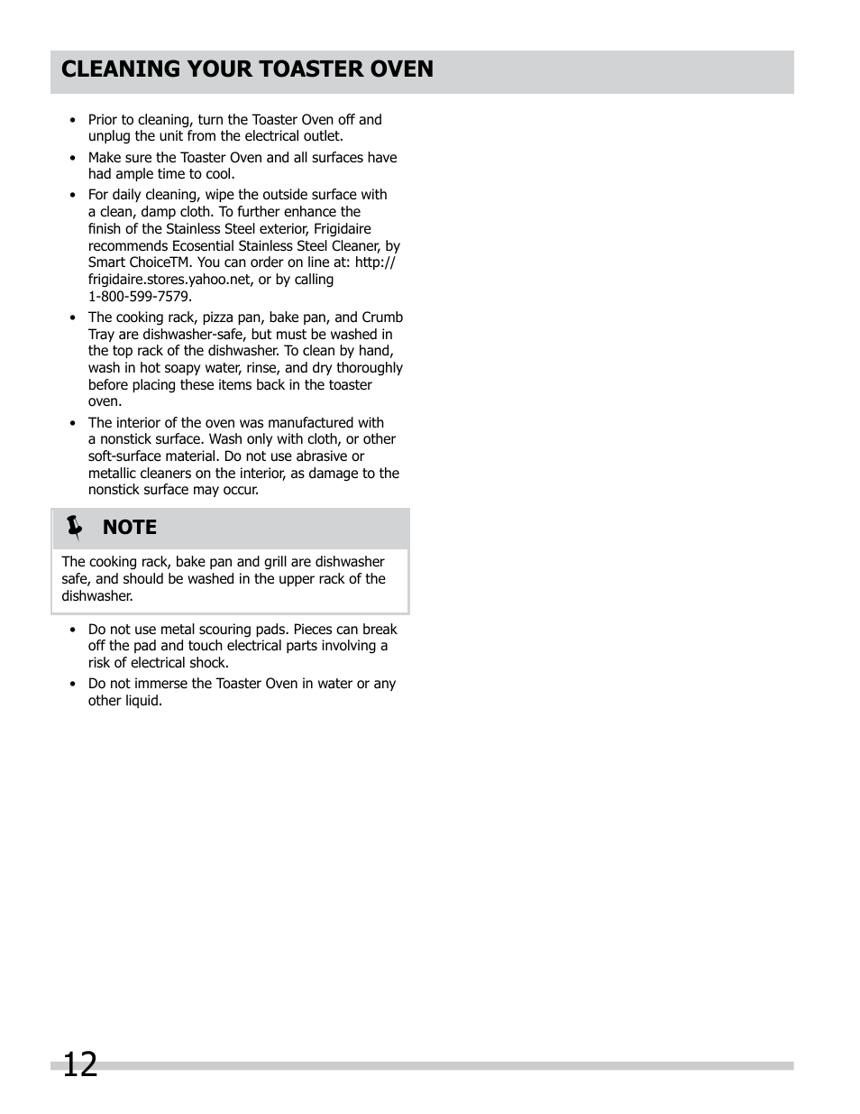 Cleaning your toaster oven | FRIGIDAIRE FPCO06D7MS User Manual | Page 12 / 14