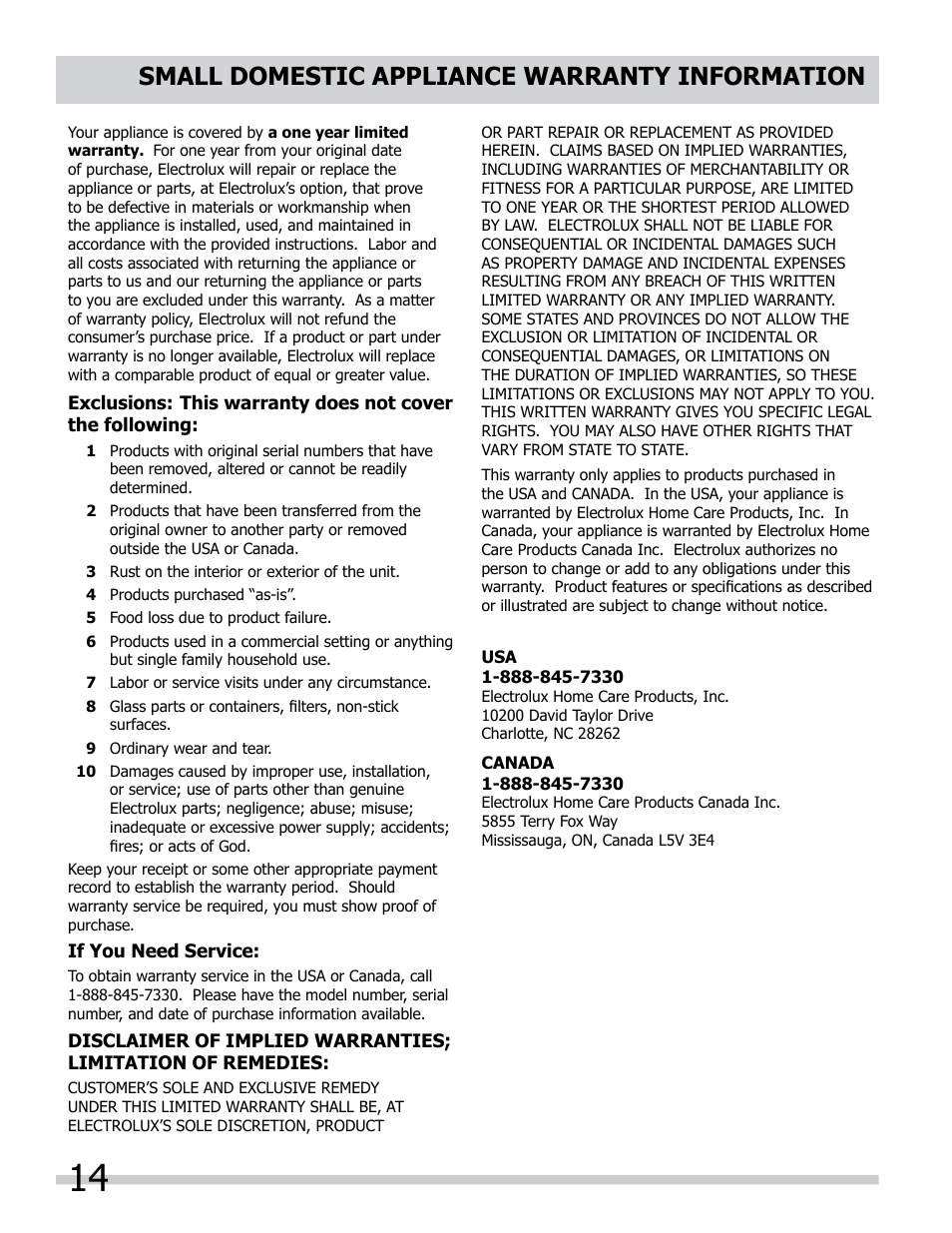Small domestic appliance warranty information | FRIGIDAIRE FPCO06D7MS User Manual | Page 14 / 14