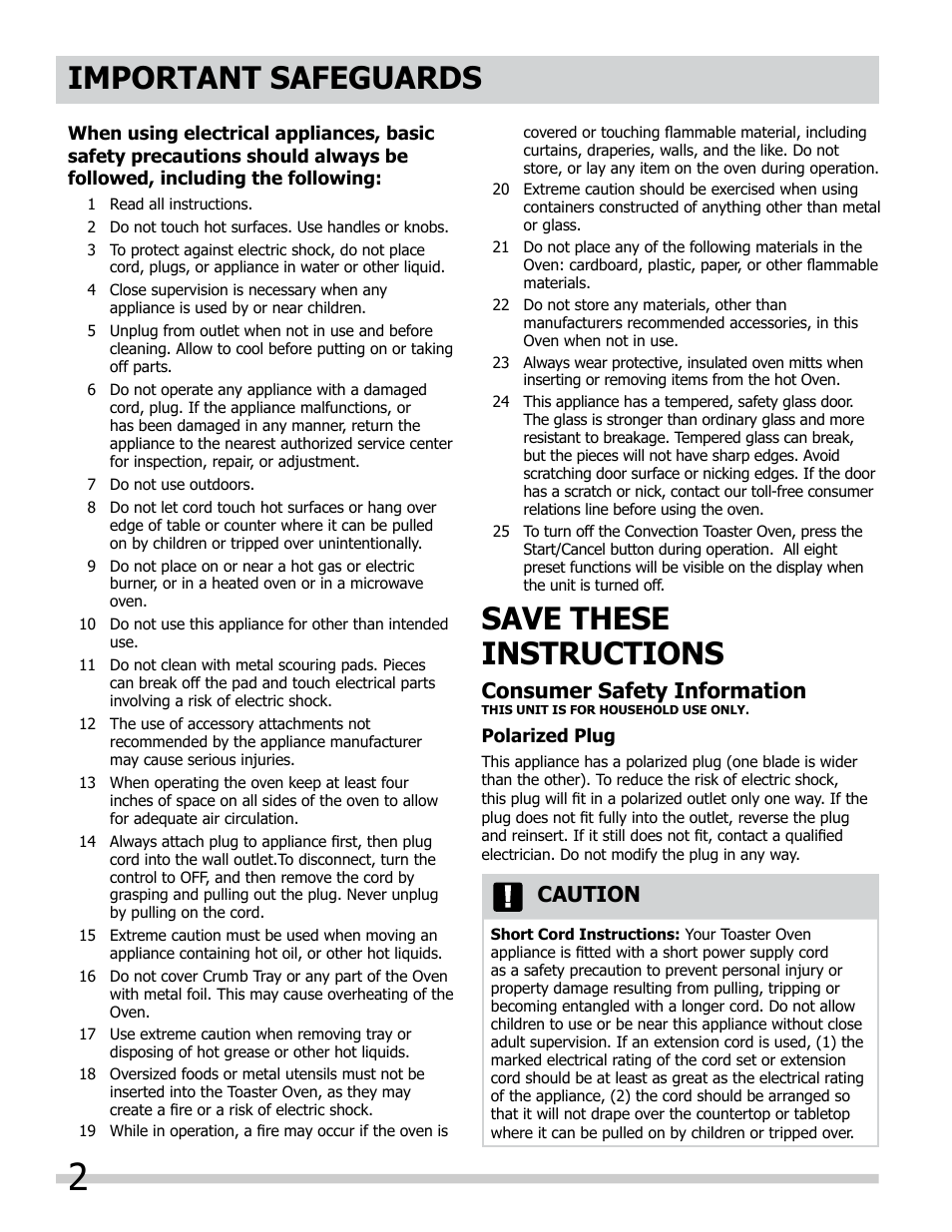 Save these instructions, Important safeguards, Consumer safety information | Caution | FRIGIDAIRE FPCO06D7MS User Manual | Page 2 / 14