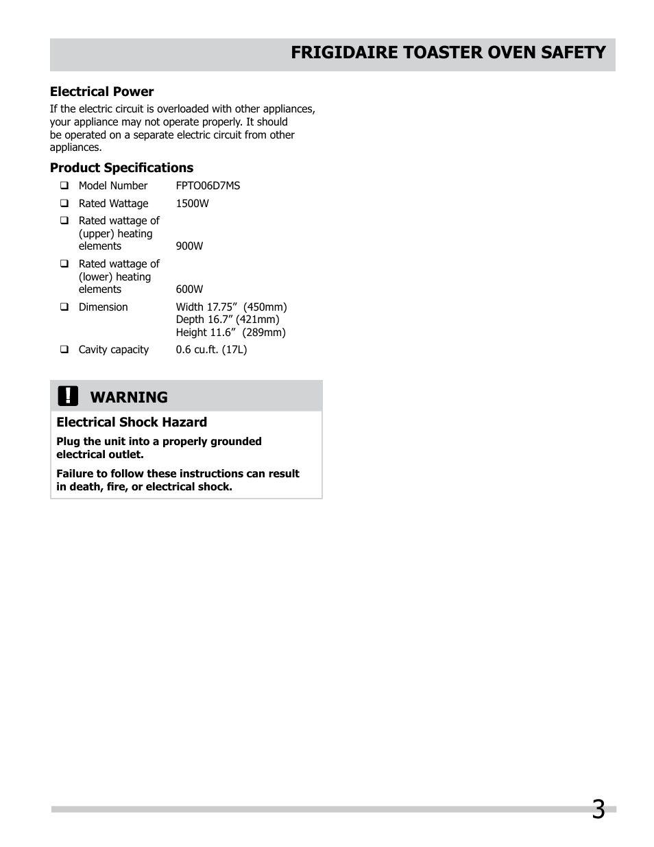 Frigidaire toaster oven safety, Warning | FRIGIDAIRE FPCO06D7MS User Manual | Page 3 / 14