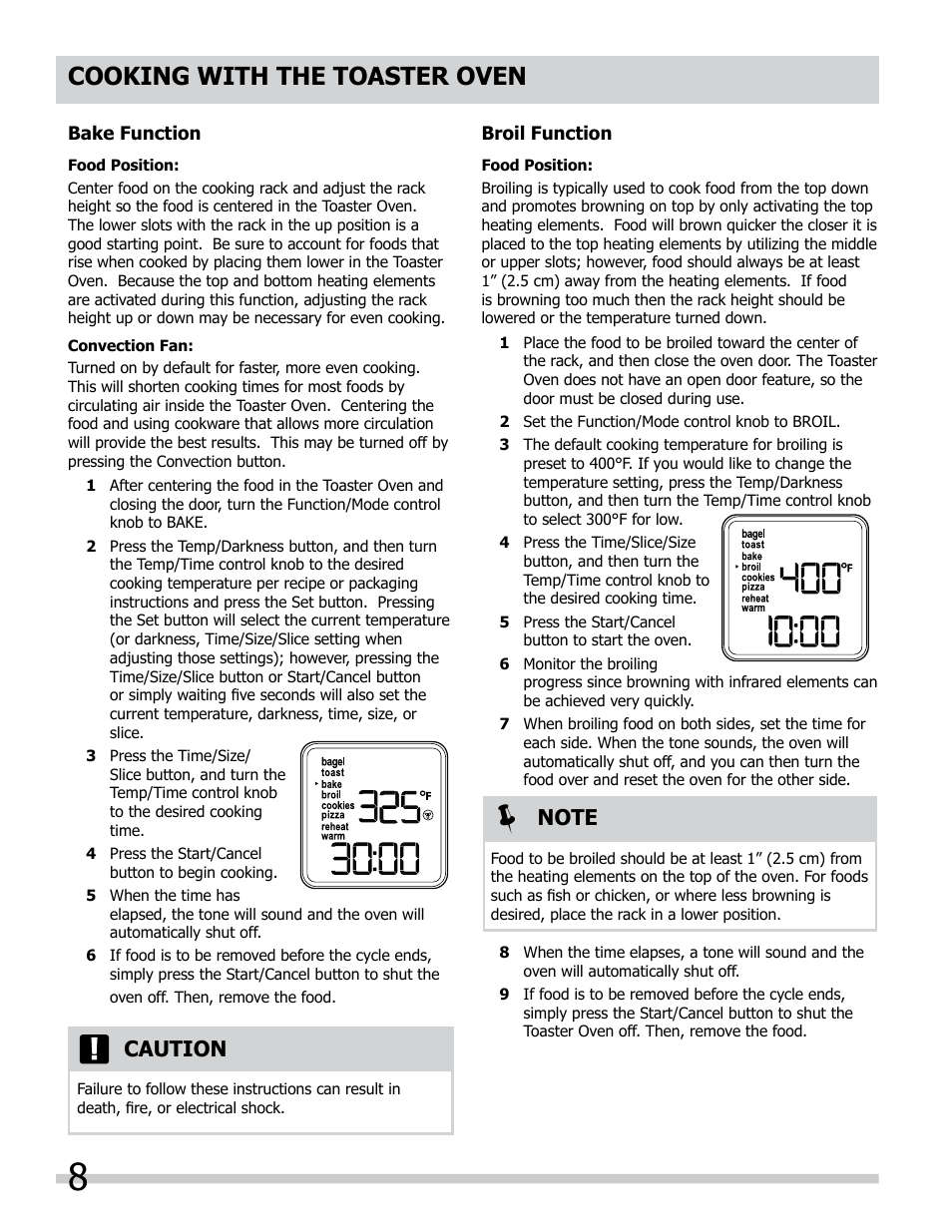 Cooking with the toaster oven, Caution | FRIGIDAIRE FPCO06D7MS User Manual | Page 8 / 14