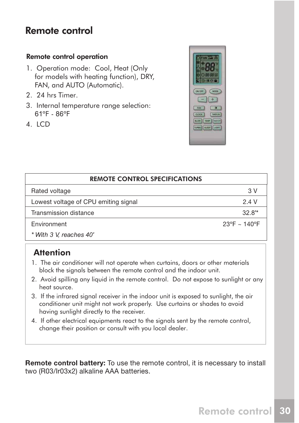 Remote control, Attention | FRIGIDAIRE FRS12PYS1 User Manual | Page 10 / 27