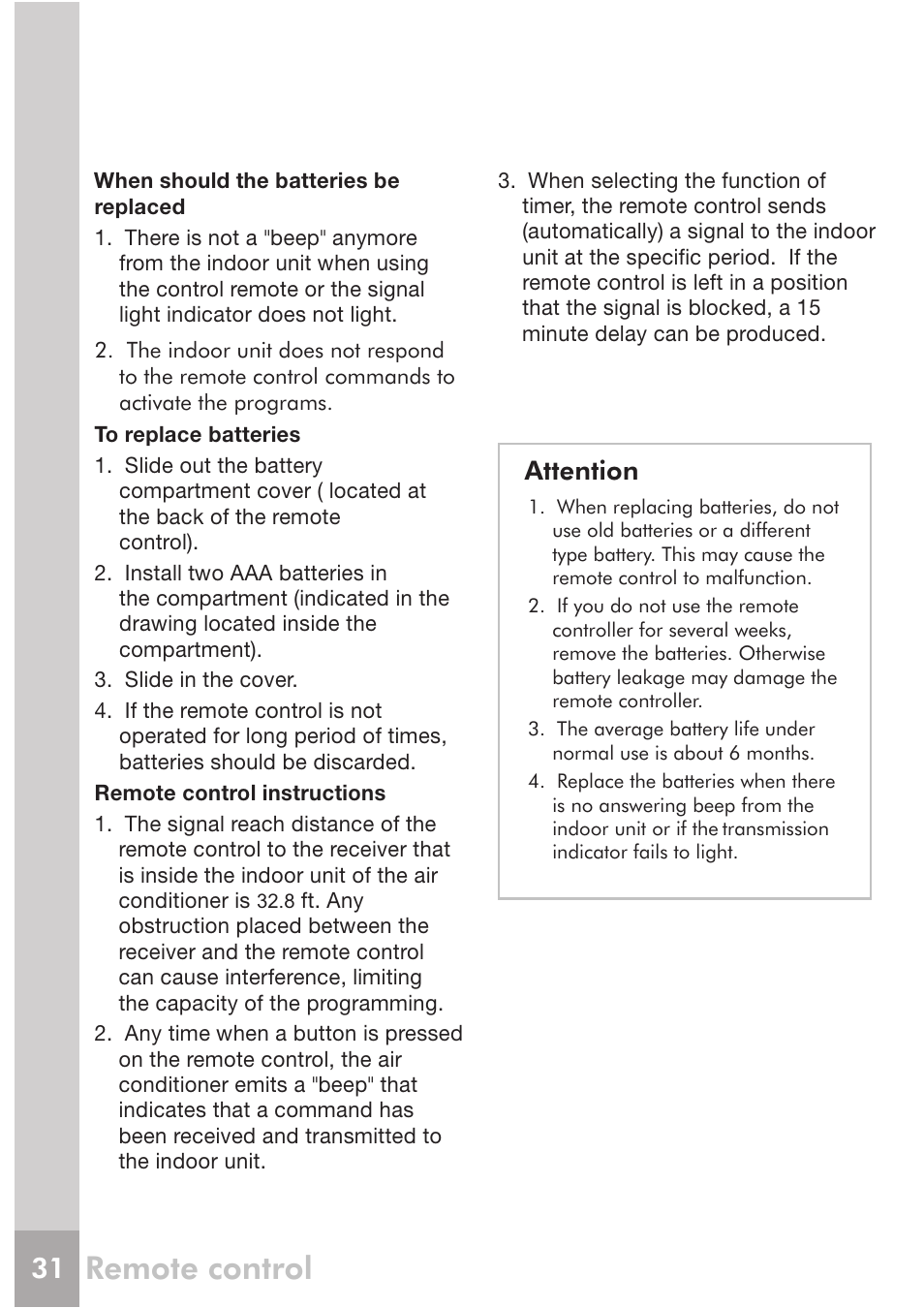 Remote control, Attention | FRIGIDAIRE FRS12PYS1 User Manual | Page 11 / 27