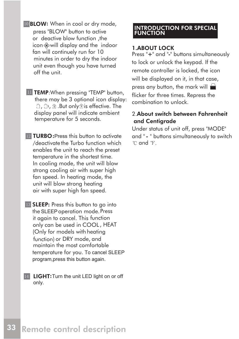 Remote control description | FRIGIDAIRE FRS12PYS1 User Manual | Page 13 / 27