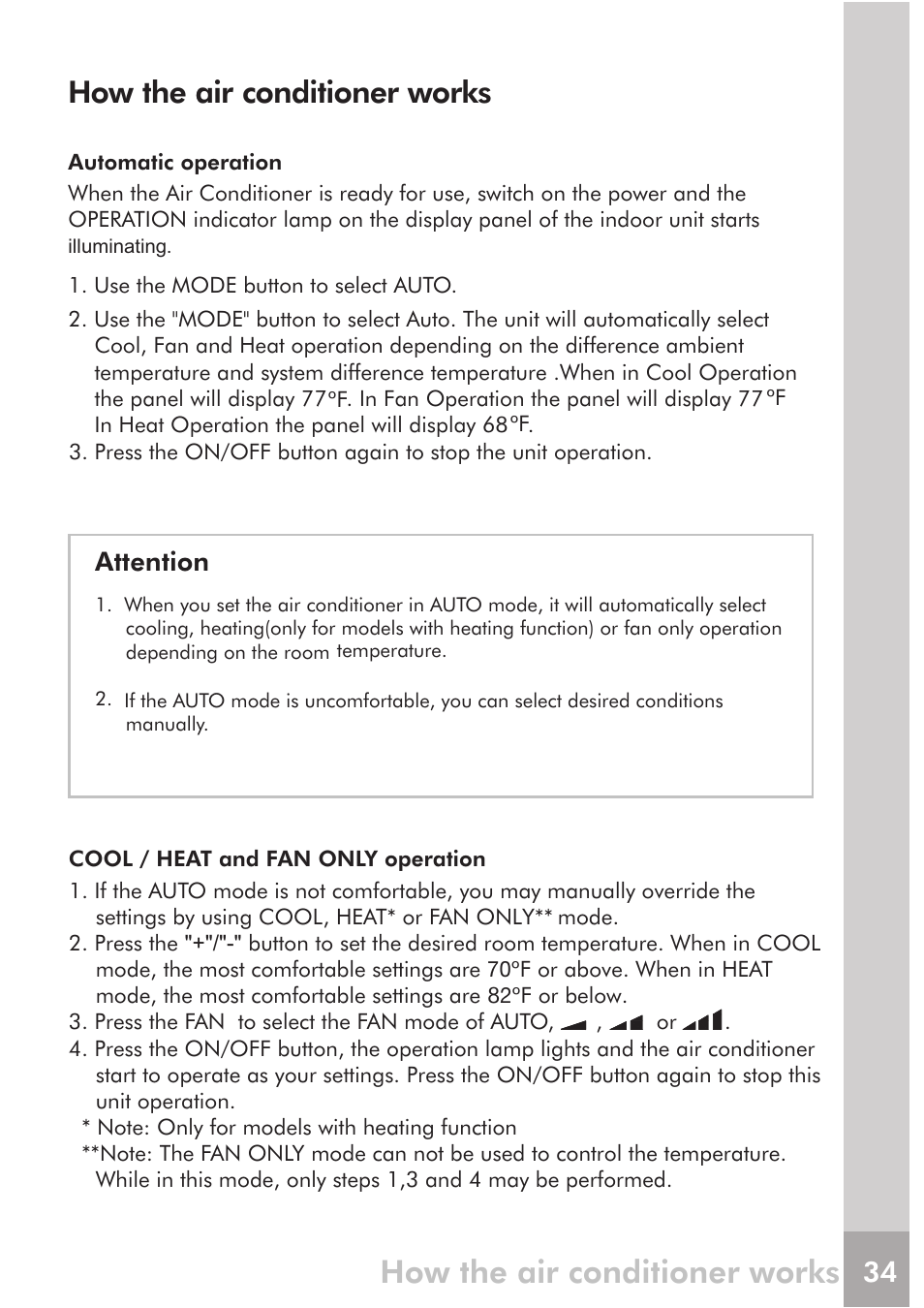 How the air conditioner works, Attention | FRIGIDAIRE FRS12PYS1 User Manual | Page 14 / 27