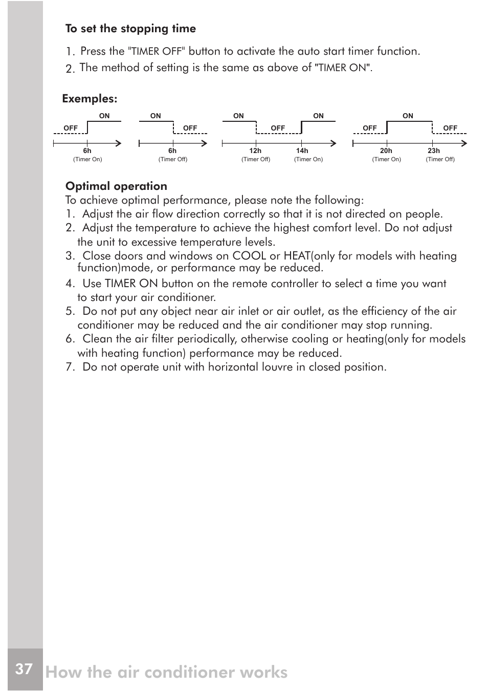 How the air conditioner works, Exemples, Function)mode, or performance may be reduced | Press the | FRIGIDAIRE FRS12PYS1 User Manual | Page 17 / 27