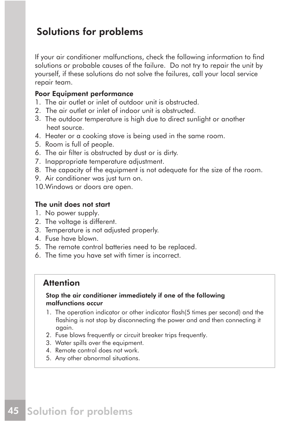Solution for problems, Solutions for problems, Attention | FRIGIDAIRE FRS12PYS1 User Manual | Page 25 / 27