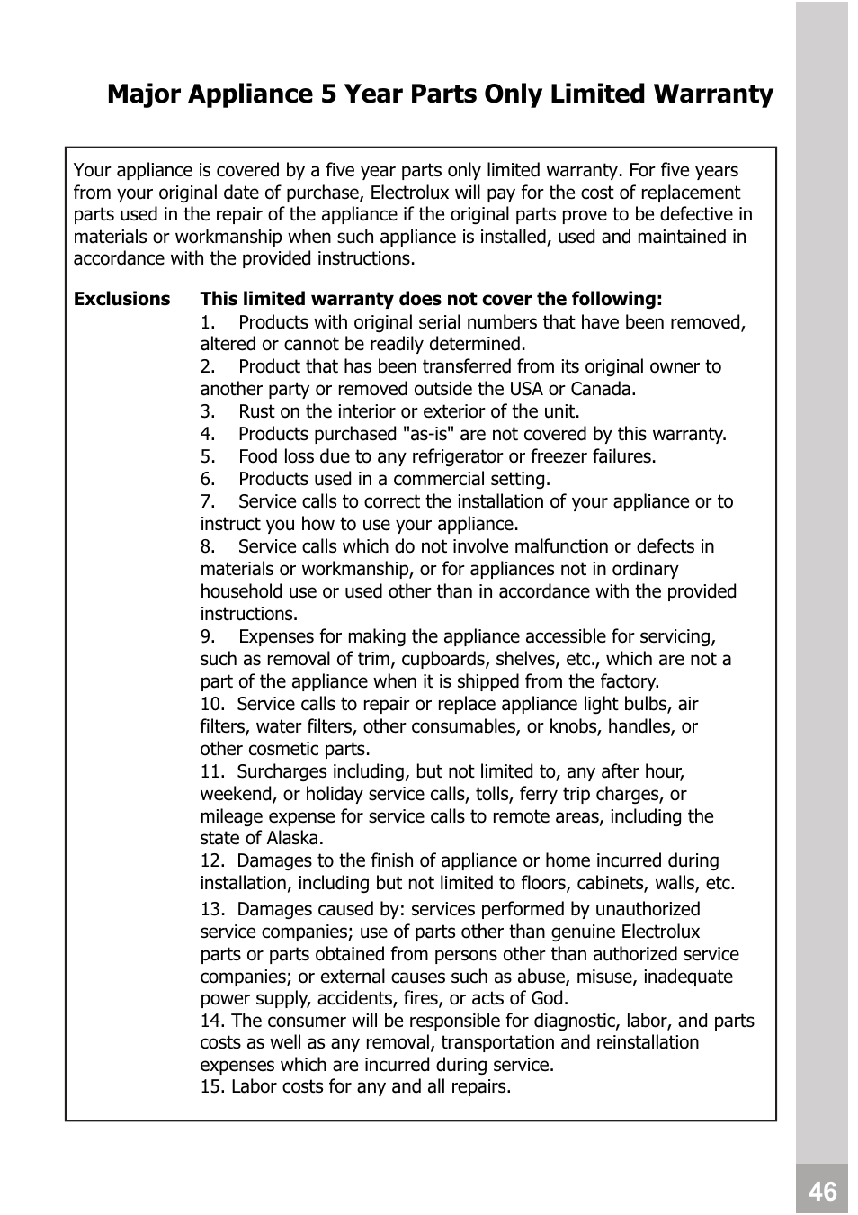 Major appliance 5 year parts only limited warranty | FRIGIDAIRE FRS12PYS1 User Manual | Page 26 / 27