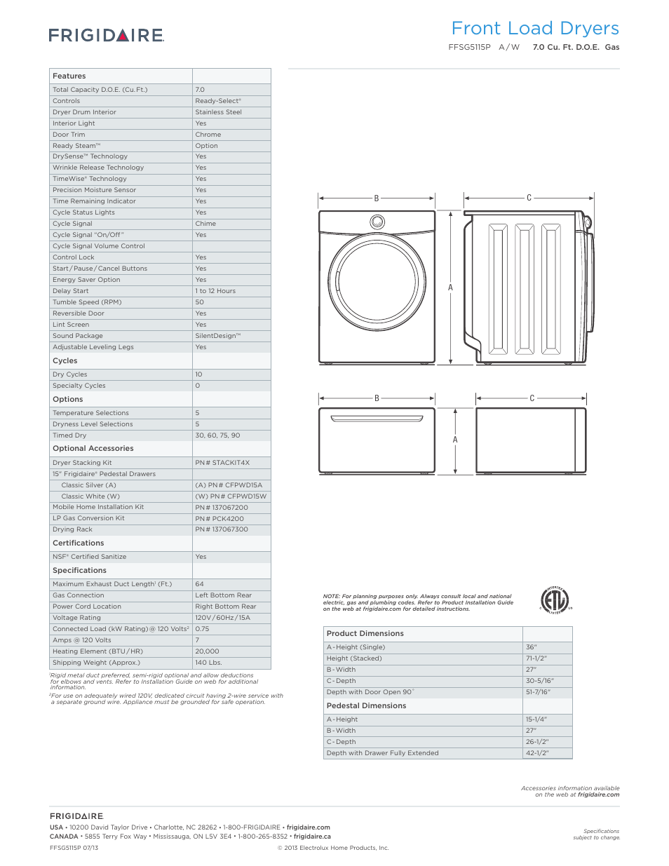 Front load dryers | FRIGIDAIRE FFSG5115PW User Manual | Page 2 / 3