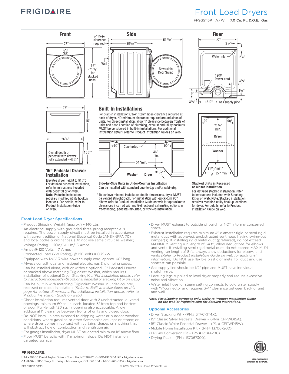 Front load dryers | FRIGIDAIRE FFSG5115PW User Manual | Page 3 / 3