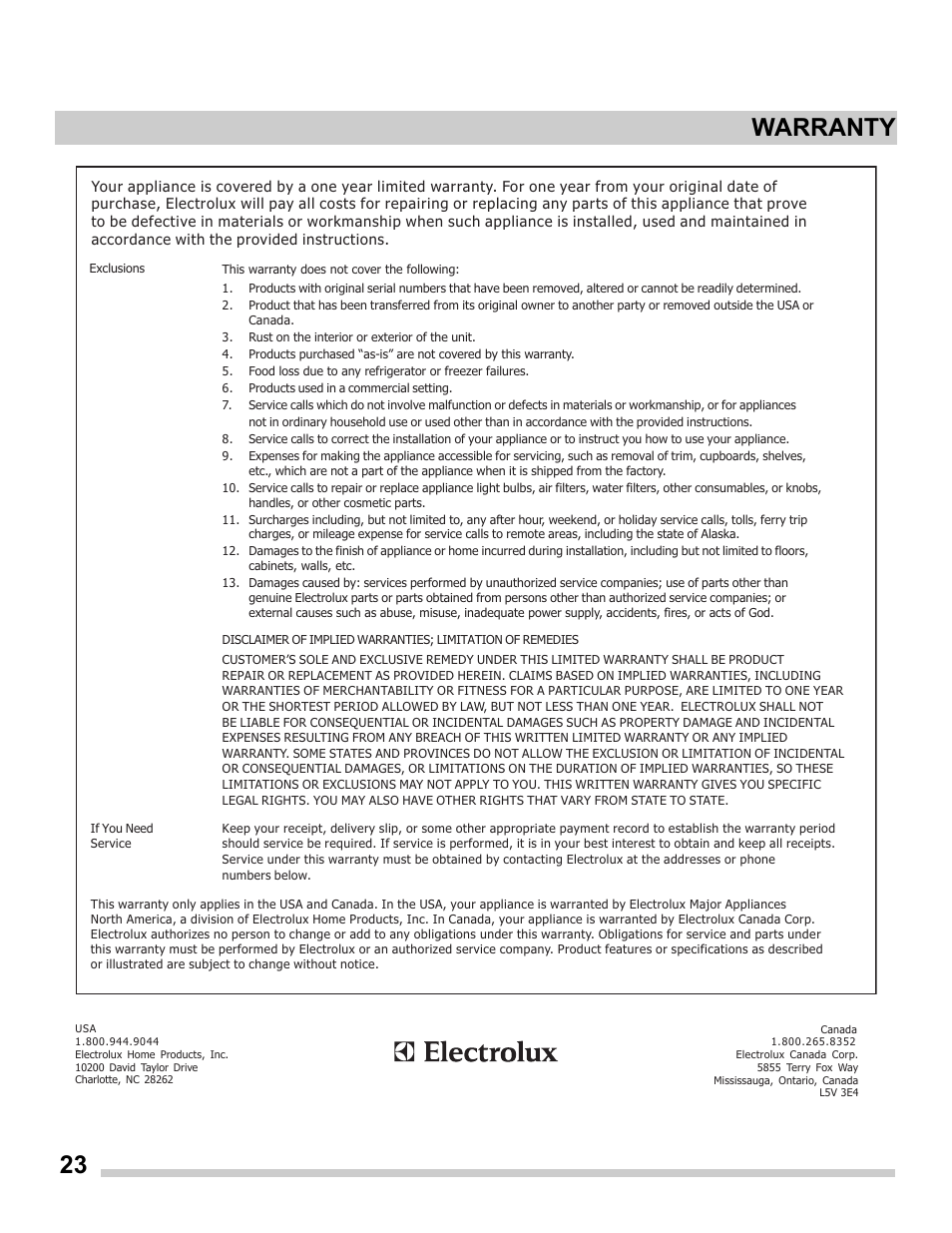Warranty | FRIGIDAIRE FFET2725PS User Manual | Page 23 / 24