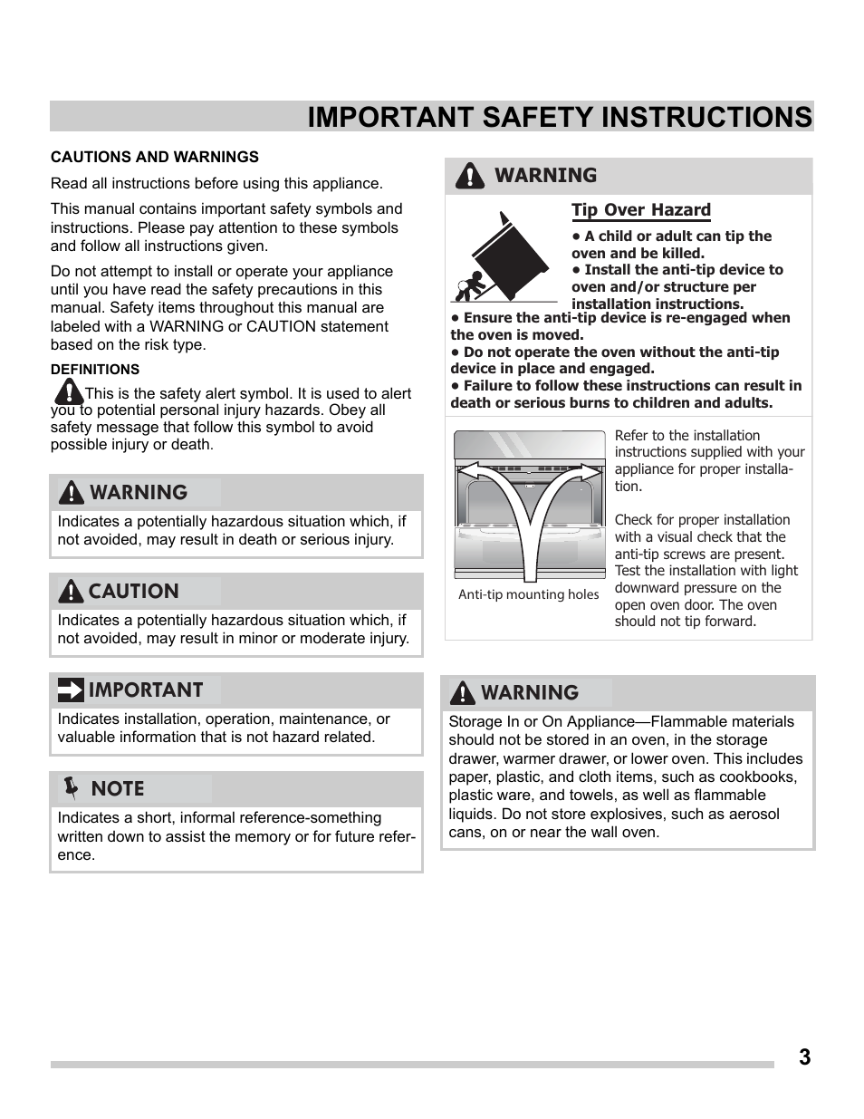 Important safety instructions, Warning | FRIGIDAIRE FFET2725PS User Manual | Page 3 / 24