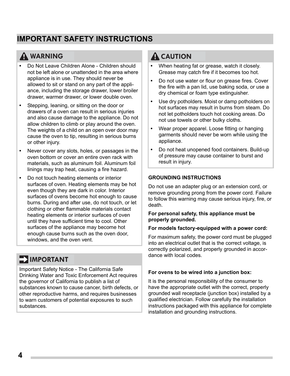 4important safety instructions, Warning important, Caution | FRIGIDAIRE FFET2725PS User Manual | Page 4 / 24