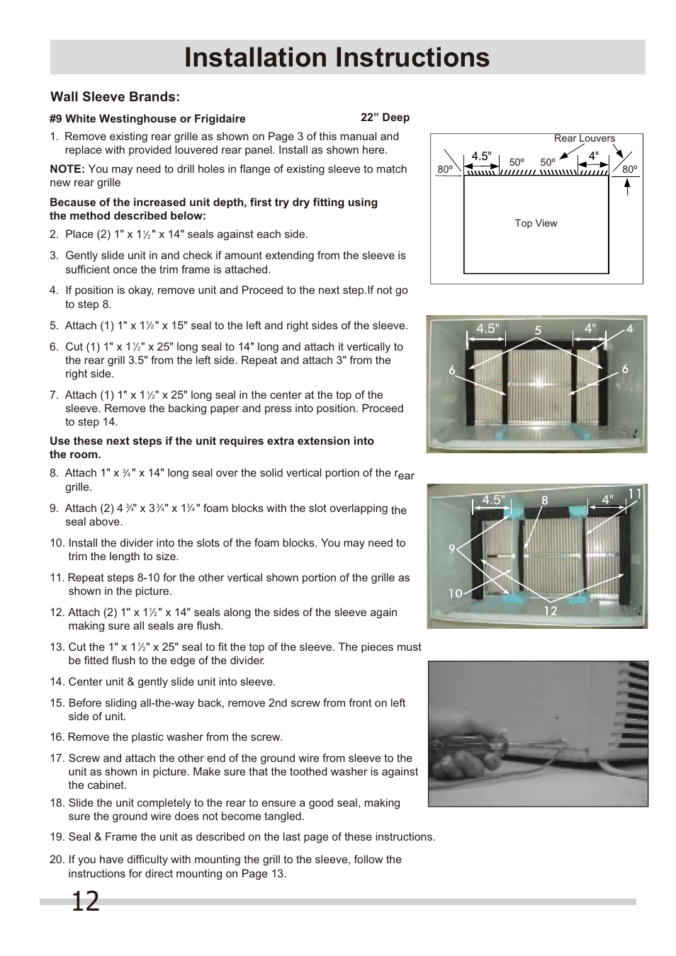 Installation instructions, Wall sleeve brands | FRIGIDAIRE FRA144HT2 User Manual | Page 12 / 14