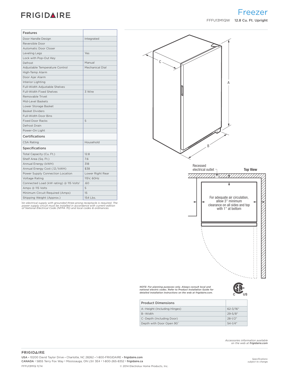Freezer | FRIGIDAIRE FFFU13M1QW User Manual | Page 2 / 3