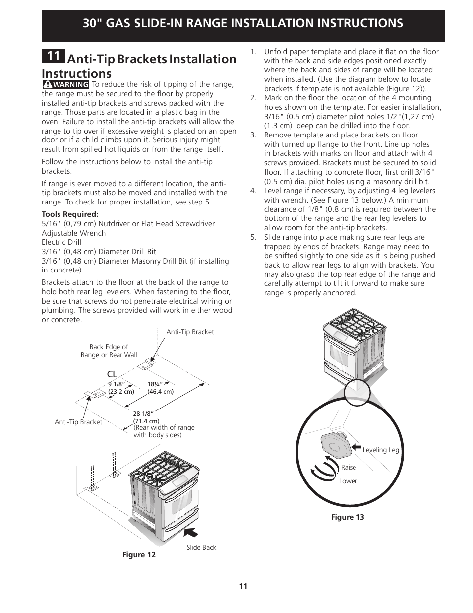 30" gas slide-in range installation instructions, Anti-tip brackets installation instructions | FRIGIDAIRE FGGS3045KF User Manual | Page 11 / 36