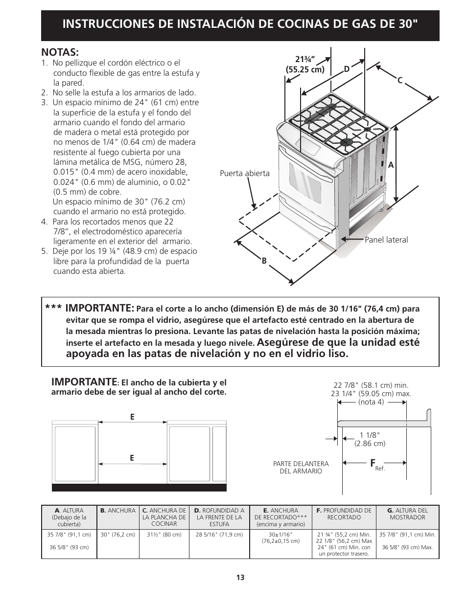 Notas, Importante | FRIGIDAIRE FGGS3045KF User Manual | Page 13 / 36