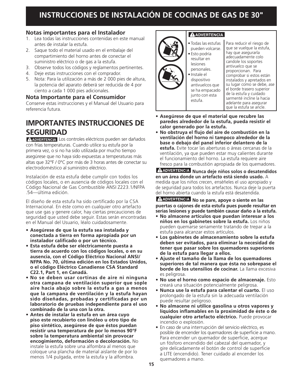 Importantes instrucciones de seguridad | FRIGIDAIRE FGGS3045KF User Manual | Page 15 / 36