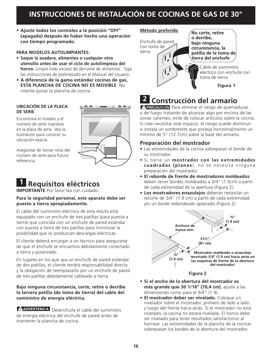 Requisitos eléctricos, Construcción del armario | FRIGIDAIRE FGGS3045KF User Manual | Page 16 / 36