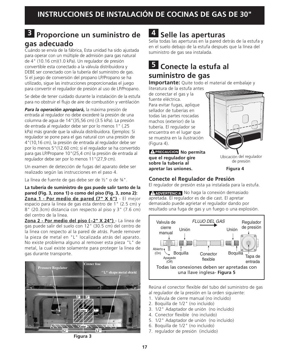 Proporcione un suministro de gas adecuado, Selle las aperturas, Conecte la estufa al suministro de gas | FRIGIDAIRE FGGS3045KF User Manual | Page 17 / 36