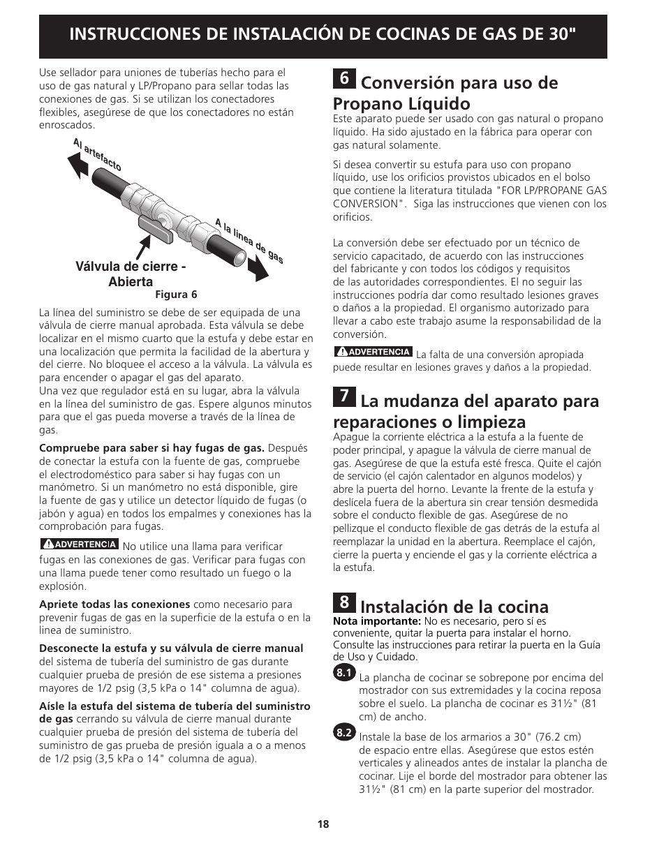 Conversión para uso de propano líquido, Instalación de la cocina | FRIGIDAIRE FGGS3045KF User Manual | Page 18 / 36