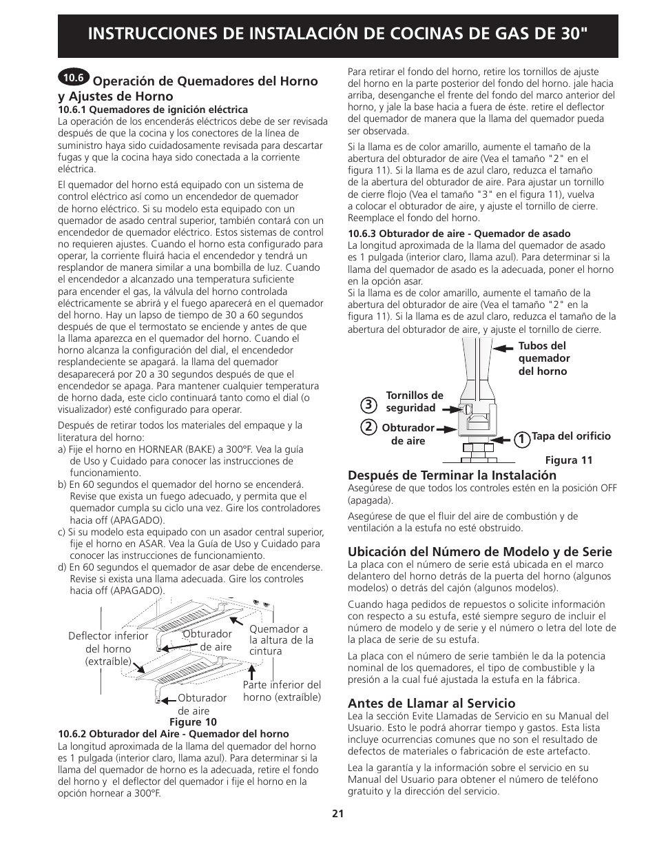 Después de terminar la instalación, Ubicación del número de modelo y de serie, Antes de llamar al servicio | FRIGIDAIRE FGGS3045KF User Manual | Page 21 / 36