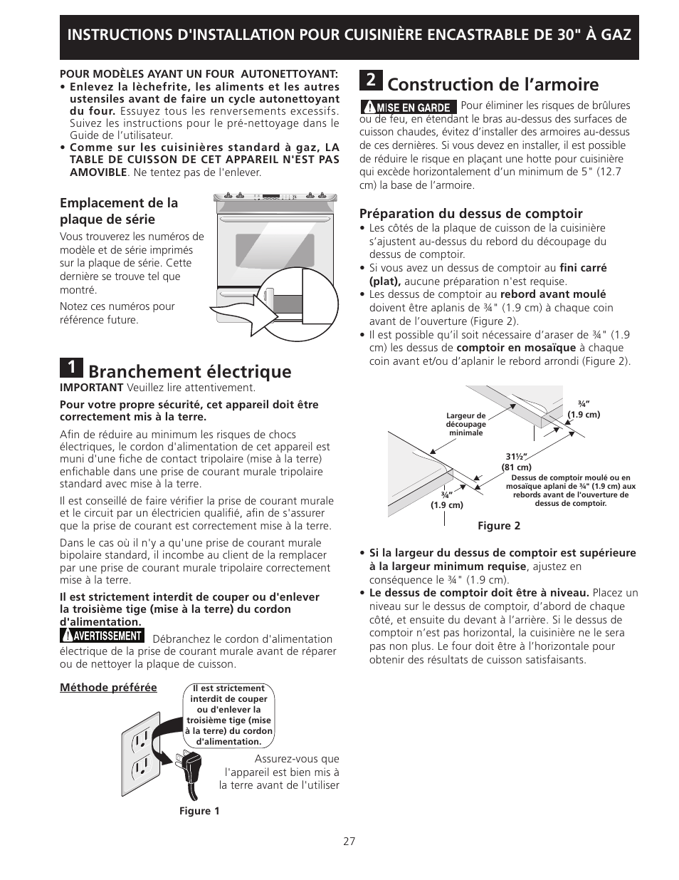 Branchement électrique, Construction de l’armoire | FRIGIDAIRE FGGS3045KF User Manual | Page 27 / 36