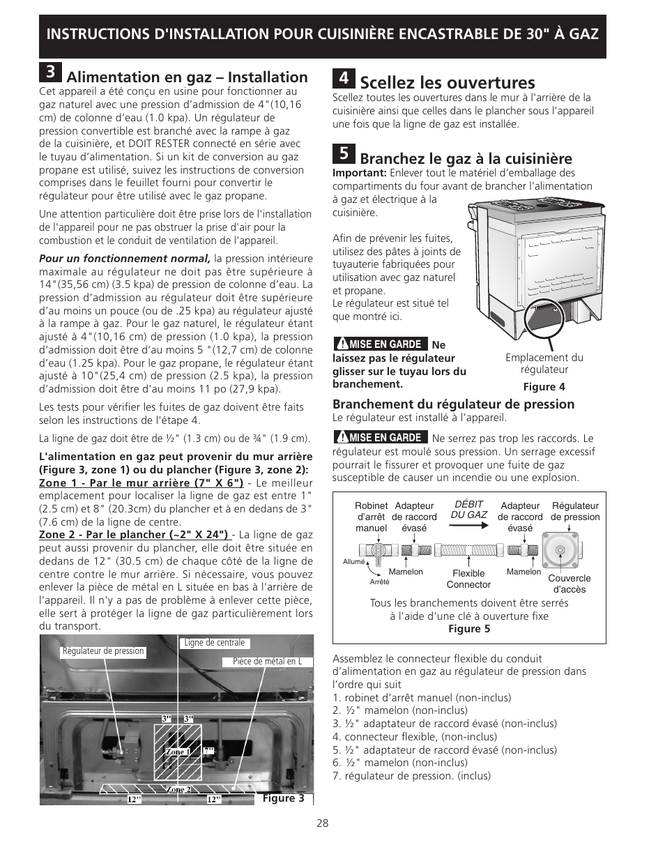 Scellez les ouvertures, Alimentation en gaz – installation, Branchez le gaz à la cuisinière | FRIGIDAIRE FGGS3045KF User Manual | Page 28 / 36