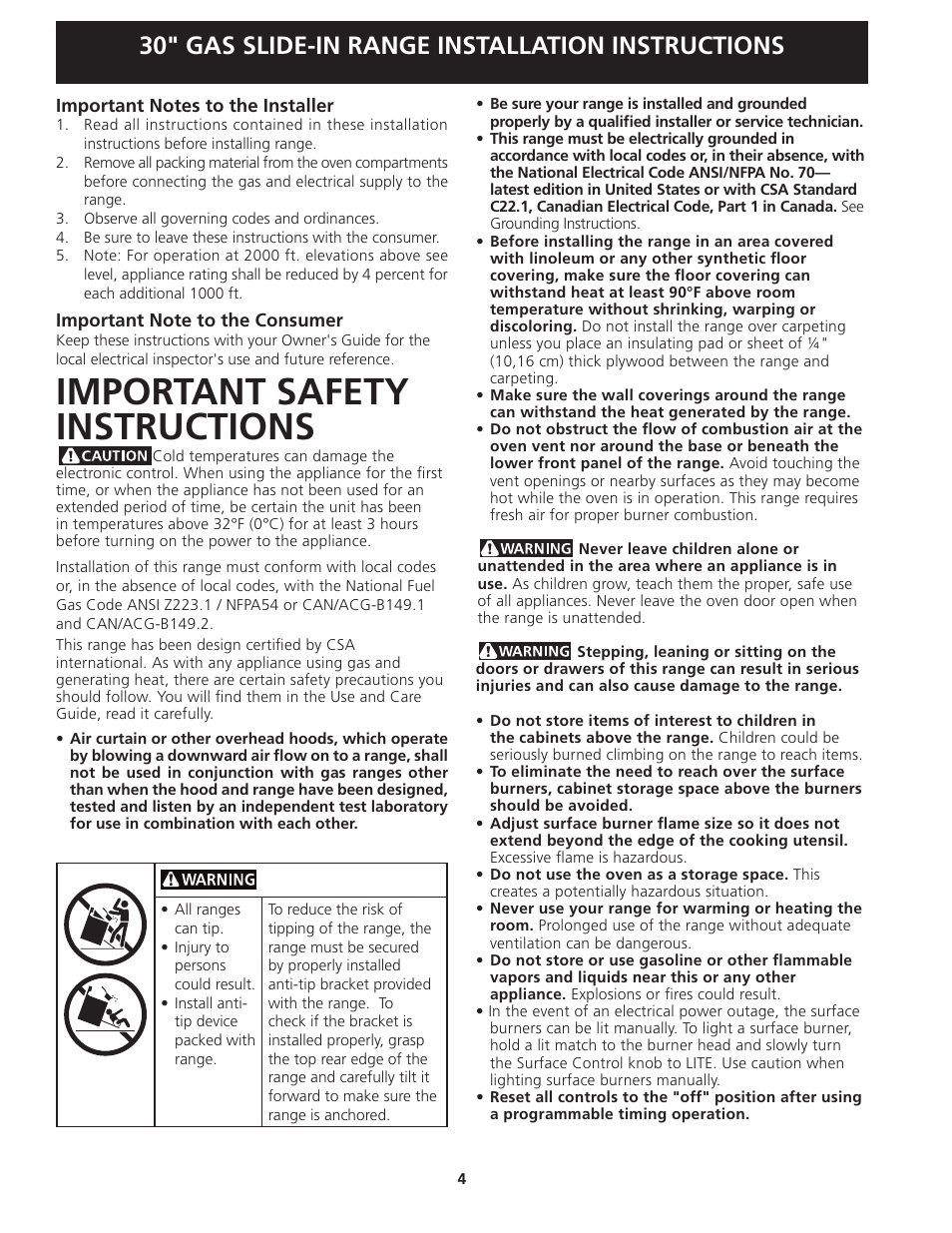Important safety instructions, 30" gas slide-in range installation instructions | FRIGIDAIRE FGGS3045KF User Manual | Page 4 / 36
